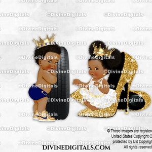 à talons ou à talons bleu marine et or Crown | Bouffées de ton foncé bébé garçon fille assis | Sexe révélateur des jumeaux | Clipart à téléchargement immédiat