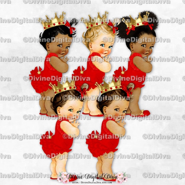 Princess Ruffle Pants Red Shirt Gold Crown Slippers Bow | Baby Girl 3 Skin Tones | Clipart Instant Download