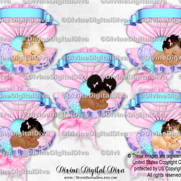 Mermaid Sleeping in Clam Shell Purple Lavender Turquoise Blank Banner |  Baby Girl 3 Skin Tones | Clipart Instant Download