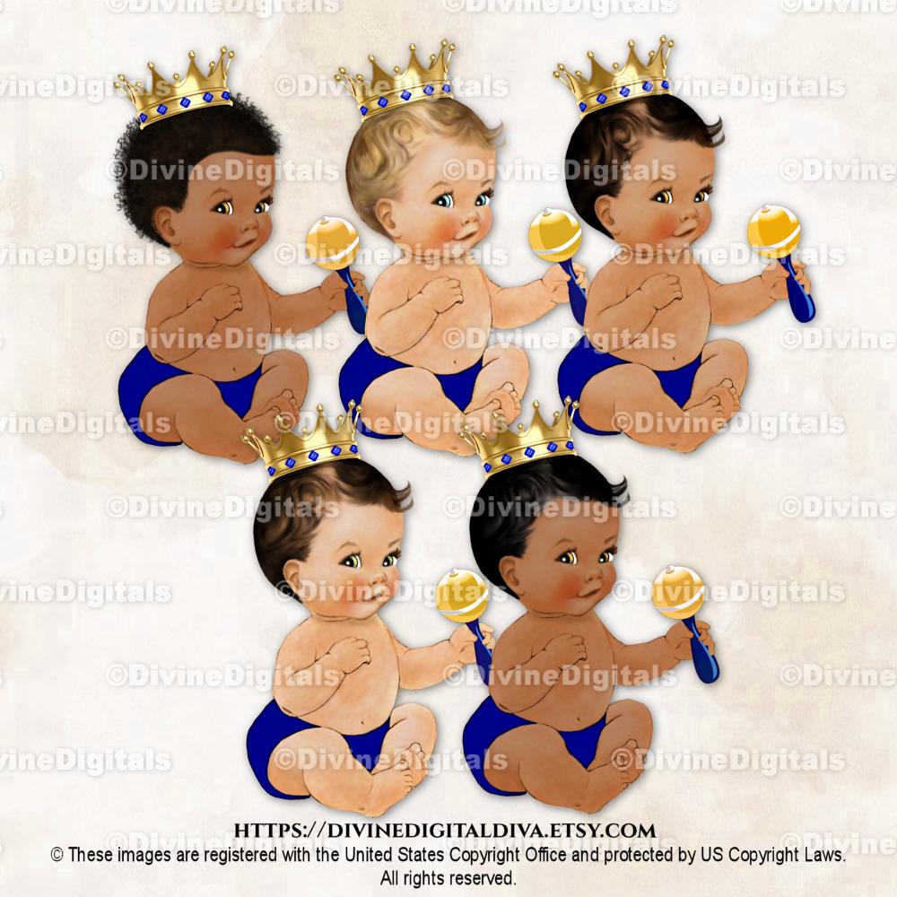 Little Prince Royal Blue Gold Crown Rattle | Sitting Baby Boy 3 Skin Tones | Clipart Instant Download