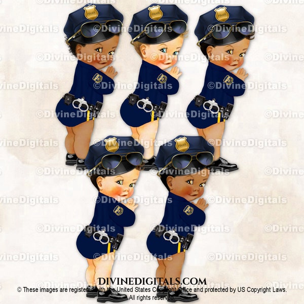 Little Prince Police Officer Hat Shield Belt Aviator Sunglasses Navy Blue Yellow | Baby Boy 3 Skin Tones | Clipart  Instant Download