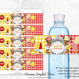 Delantal con gorro a cuadros rojos y amarillos de Little Chefs para barbacoa, etiqueta para botella de agua con revelación de género de bebé, para niña y niño, en tonos oscuros, descarga instantánea de imágenes prediseñadas