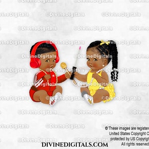 Auriculares de DJ de hip hop con cadena de oro rojo y ritmos de belleza amarillos / Trenzas de tono oscuro para bebé niño y niña / Revelación de género / Descarga instantánea de imágenes prediseñadas