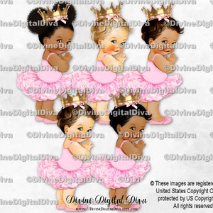 Principessa ballerina tutù rosa chiaro corona dorata/bambina 3 tonalità della pelle/download immediato di clipart