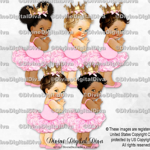 Princess Ballerina Light Pink Tutu Gold Crown | Baby Girl 3 Skin Tones | Clipart  Instant Download