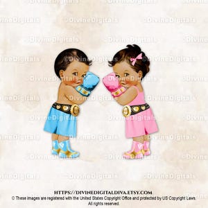 Baby Boxer Bleu Clair Or Rose | Bébés garçons et filles, peau mate | Sexe révélateur des jumeaux | Clipart à téléchargement immédiat