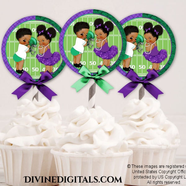 Cupcake Topper Touchdowns Tutus Green Purple Ballerina Football | Baby Boy Girl Dark Tone Puffs | Gender Reveal | Digital Instant Download