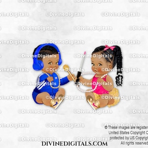 Auriculares de DJ de hip hop con cadena dorada azul real y ritmos de belleza rosa intenso / Trenzas de tono medio para bebé niño y niña / Revelación de género / Descarga instantánea de imágenes prediseñadas