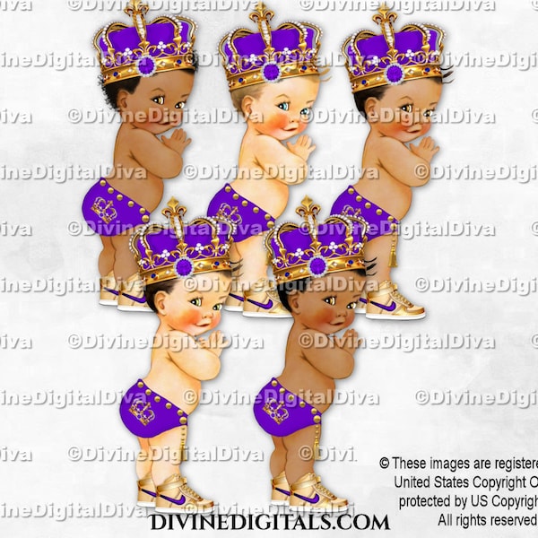 Little Prince Royal Purple Ornate Gold Crown Gold Sneakers Tassel Belt | Baby Boy 3 Skin Tones | Clipart Instant Download