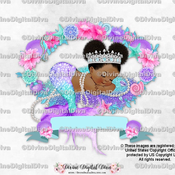 Mermaid Sleeping on Glitter & Diamonds Pearls Shells Flowers Blank Banner | Baby Girl Dark Skin Tone Puffs | Clipart Instant Download