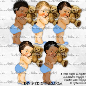 Couche bleu clair Petit Prince avec ours en peluche brun | 3 tons chair, bébé garçon | Clipart à téléchargement immédiat