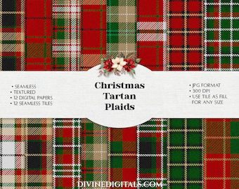 May include: A collection of Christmas Tartan Plaid digital papers in various patterns. The designs feature red, green, black, and tan plaid patterns. The image includes the text "Christmas Tartan Plaids" and details about the digital papers.