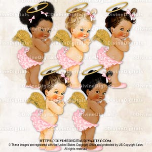 Angel Pink Ruffle Pants Gold Glitter Wings & Halo | Baby Girl 3 Skin Tones | Clipart Instant Download