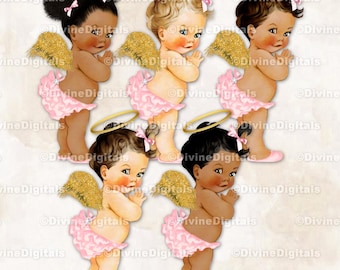 Engel roze broek met ruches goud glitter vleugels & halo babymeisje Clipart