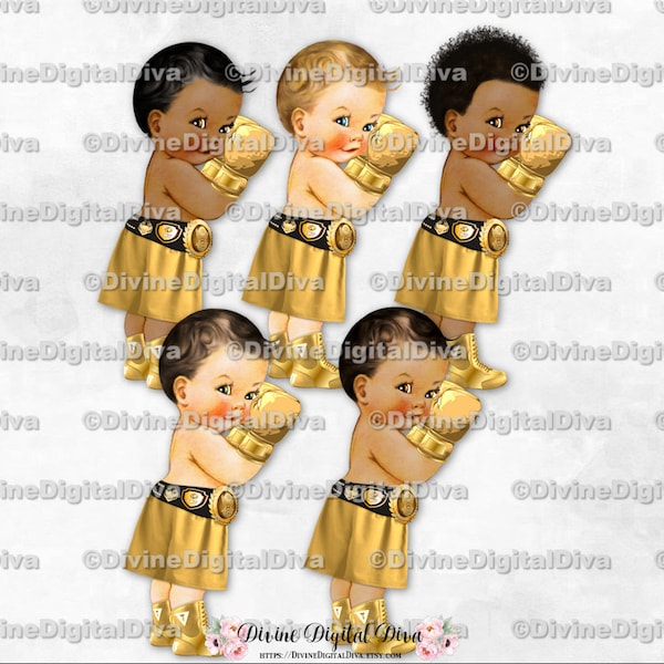 Little Prince Boxer Gold Shorts Boots Championship Belt Boxing Gloves | Baby Boy 3 Skin Tones | Clipart Instant Download