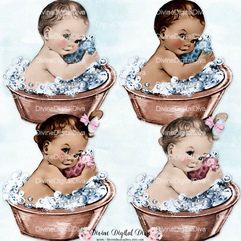 Vintage Washtub Baby Girl Boy Bath Tub 2 Skin Tones Clipart Instant Download