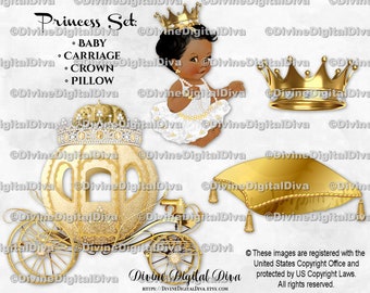 Fairytale Cinderella Set Diamond Princess Carriage Baby Girl Gold Crown & Pillow | Dark Tone | Clipart Digital PNG Instant Download