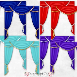 Cortinas de painéis em tom de joia, cortinas com acabamento dourado e prateado, azul real, vermelho, roxo, turquesa, pano de fundo | Clipart | Download instantâneo