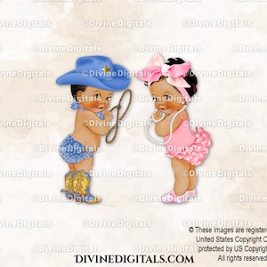 Sombrero vaquero azul con lazo grande, botas y lazo rosa, estilo western country, para niño y niña, tono de piel medio, revelación de género de gemelos, descarga instantánea de imágenes prediseñadas