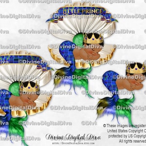 Tritón durmiendo en una concha de almeja, corona con patrón kente azul real, verde esmeralda y dorado, sirena / Bebé niño, tono oscuro / Clipart, descarga instantánea