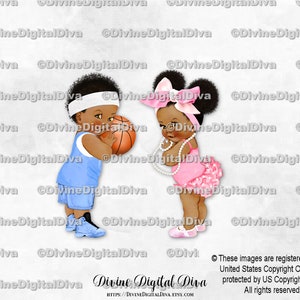 Basketbal blauwe broek met ruches roze grote strik parels | Jongen en meisje donkere toon Afro-Amerikaans etnisch | Gender Reveal-tweeling | Direct downloaden