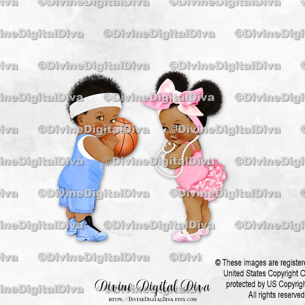 Basketball Blue Ruffle Pants Pink Big Head Bow Pearls | Boy Girl Dark Tone African American Ethnic | Gender Reveal Twins | Instant Download