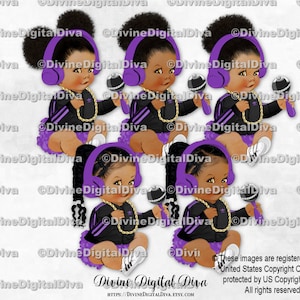 Hip Hop schwarz & lila Jacke Kopfhörer Rassel Gold Kette | Sitzende Baby-Babys der Farbe afroamerikanische ethnische | Sofort Download