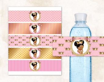 Printable Water Bottle Labels Pink Gold Princess | Baby Girl Dark Tone Puffs | Baby Shower Birthday | Digital Instant Download