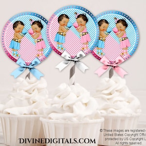 Boxeo Género Revelar Cupcake Topper Rosa vs Azul Boxer / Tono Medio Bebé Niño Niña Étnico Afroamericano / Descarga Digital Instantánea