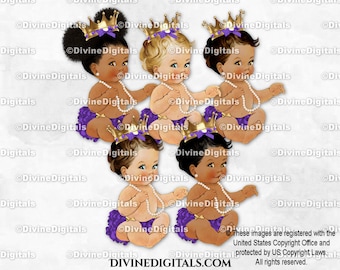 Princess Royal Purple Ruffle Pants Gold Crown Pearls | Sitting Baby Girl 3 Skin Tones | Clipart Instant Download