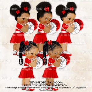 Tênis de uniforme vermelho e branco de líder de torcida com laços e pompons | Bebês de menina de cor, tranças bufantes | Clipart para download instantâneo