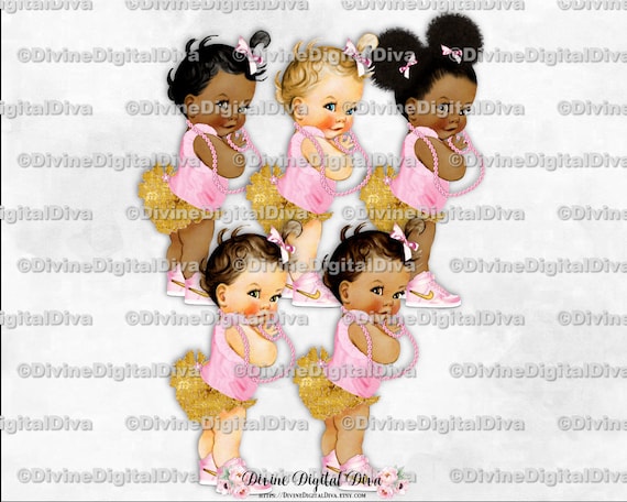 Ruffle Pants Mint /& Gold Sneakers Pearls Clipart Instant Download Baby Girl 3 Skin Tones