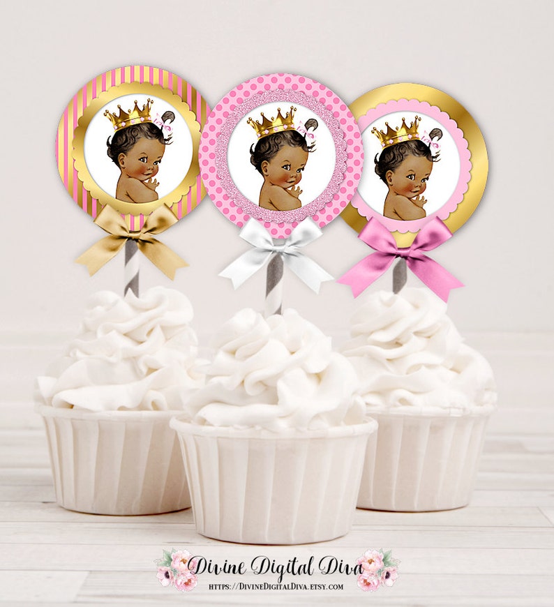 Cupcake Topper Circles Pink & Gold Princess African American Baby Girl ...