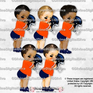 Voetballer marineblauwe en oranje helmjerseyschoenen | Babyjongen 3 huidskleuren | Clipart direct downloaden