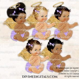 Little Angel Lavender Ruffle Pants Gold Wings & Halo | Sitting Baby Girl 3 Skin Tones | Clipart Instant Download