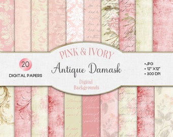 Antique Pink & Ivory Damask Digital Backgrounds Scrapbook Journal Digital Paper Printable Decoupage Old Paper Textures Instant Download