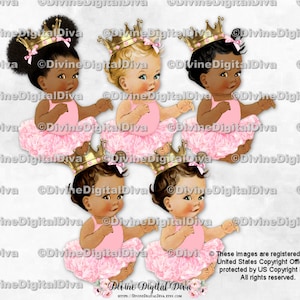 Prinzessin Ballerina Pink Shirt Tutu Gold Crown | Sitzendes Baby Mädchen 3 Hauttöne | Clipart Sofort Download