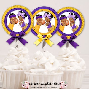 Cupcake Topper Circles Basketball Bows Pourpre Or Jaune Sexe Révéler Des Jumeaux | Bouffées de couleur foncée pour bébé garçon fille | Téléchargement numérique instantané