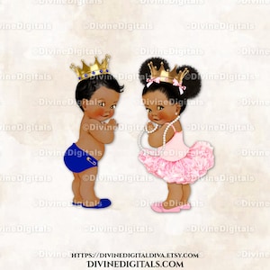 Kleine prins en prinses ballerina roze koningsblauwe gouden kroon | Donkere toon babyjongensmeisje | Gender Reveal-tweeling | Clipart direct downloaden