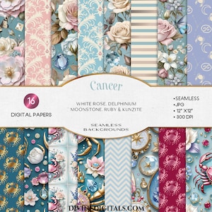 Cancer le crabe du zodiaque fond transparent ensemble de papier numérique astrologie mois de naissance fleur Rose blanche gemmes Pierre de lune motif répétitif CU