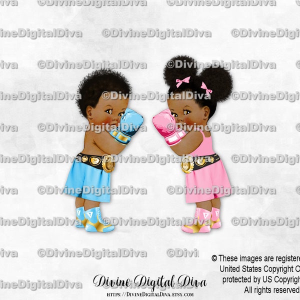 Baby Boxer Light Blue Pink Gold | Baby Boy & Girl Dark Tone Puffs African American | Gender Reveal Twins | Clipart Instant Download