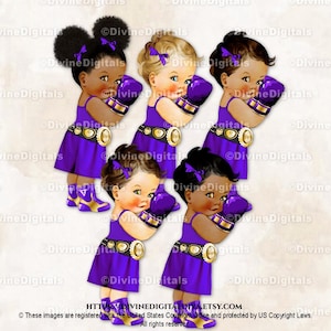 Boxer morado, camiseta sin mangas, guantes y cinturón dorado de campeonato. Ojos de boxeo manchados. Niña bebé, 3 tonos de piel. Clipart de descarga instantánea.