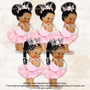 Princess Ballerina Pink Silver Shoes & Crown Pearls | Baby Girl Babies of Color Puffs Braids  | Clipart Instant Download