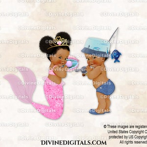 Fisherman or Mermaid Pink Turquoise Tail Blue Hat Fish Rod | Baby Boy Girl Dark Tone Puffs | Gender Reveal Twins | Clipart Instant Download