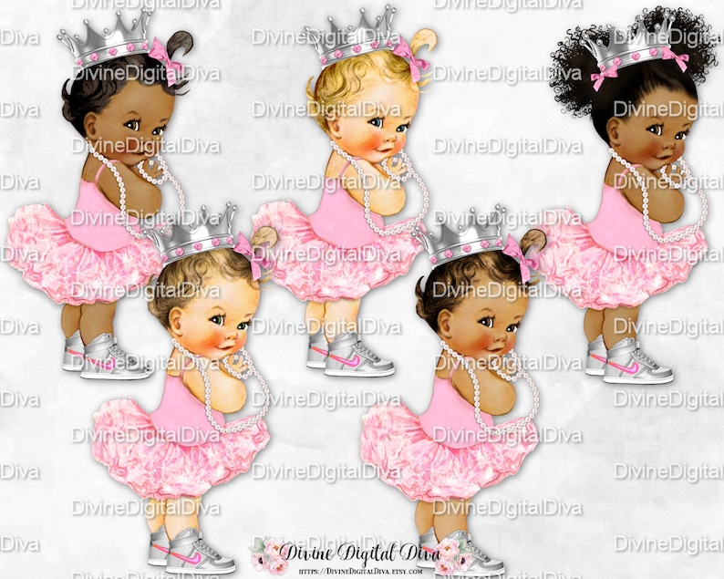 Clipart Instant Download Baby Girl 3 Skin Tones Princess Ballerina Pink Tutu Silver Sneakers Pearls Crown