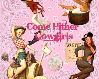 13 Cowgirl Pinup Girls Retro | Cowgirls Western Hat Boots Chaps Lasso | Clipart Instant Download