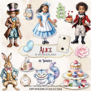 Aquarelle tresses foncées d'Alice au pays des merveilles Tea Party du chapelier fou mangez-moi, buvez-moi chat du Cheshire douche anniversaire chambre de bébé Clipart téléchargement CU