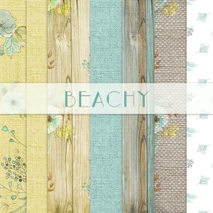 Beach Digital Scrap Paper Pack | Aqua Yellow Beige Tan Ivory Creme White Neutrals | Floral Wood Burlap | Instant Download