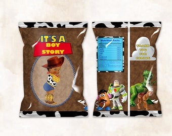 Bolsas de chip imprimibles Historia de niño Pequeño vaquero sosteniendo una impresión de vaca de cuero de juguete / Bebé niño tono oscuro / Descarga instantánea digital