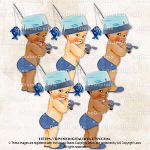 Little Prince Fisherman Fishing Hat Rod Fish Blue | Baby Boy 3 Skin Tones | Clipart Instant Download